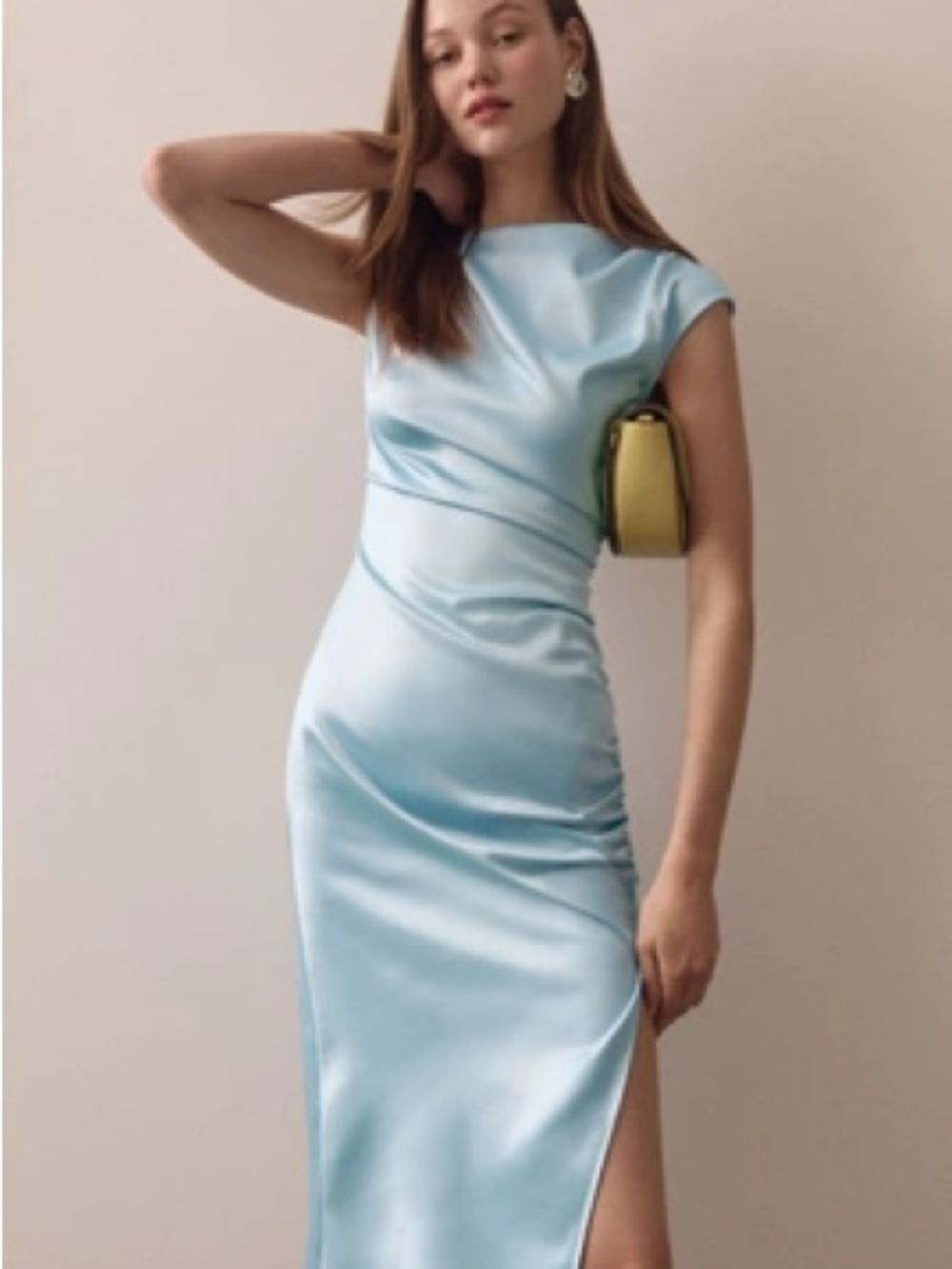 BHLDN Light Blue Satin Cap-Sleeve Midi Dress with Side Slit